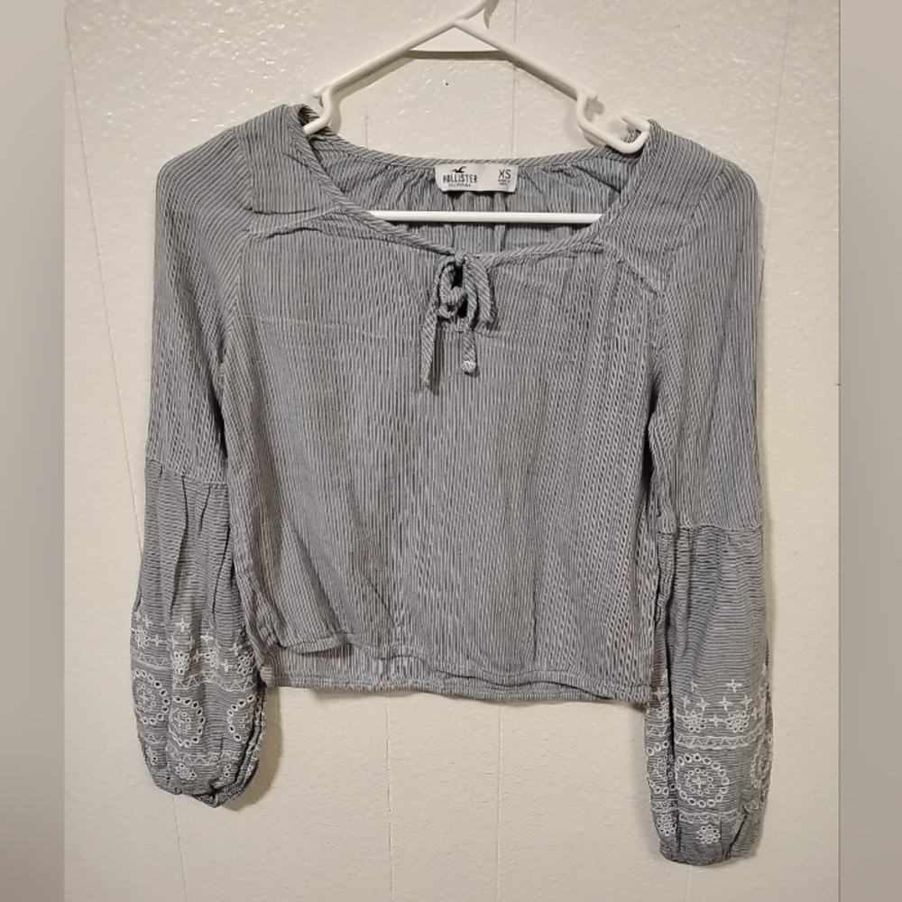 Hollister Blue & White Striped Embroidered Peasant Crop Top, XS Y2k Style
